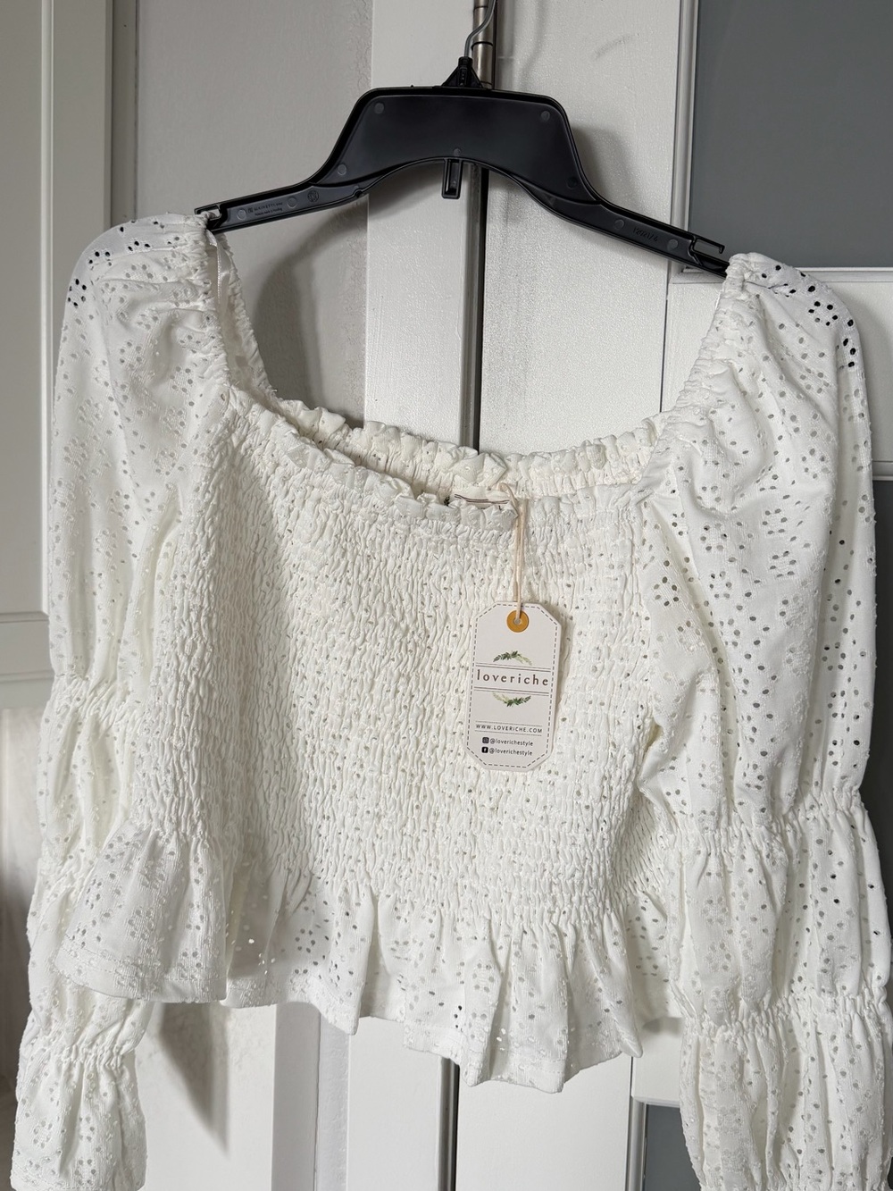 Love Riche White Eyelet Smocked Off-Shoulder Blouse